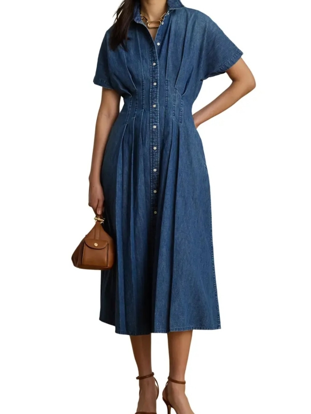 Lauren Ralph Lauren Pleat Denim Shirtdress Pockets Cotton MSRP $225